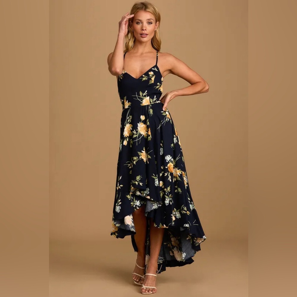Lulu’s Best Times Navy Blue Floral Print Lace-Up High-Low Maxi Dress, size S